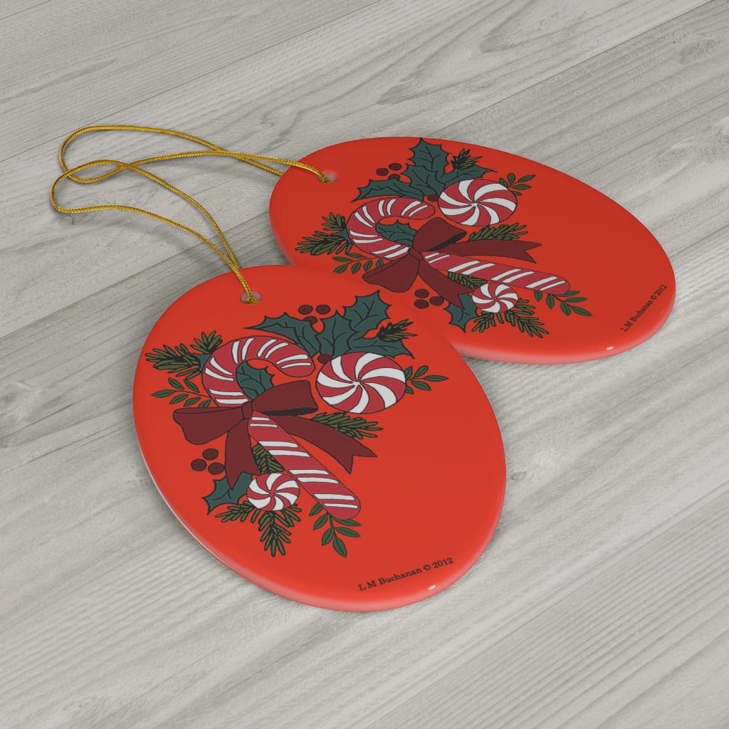 Candy Cane Trio with Holly Oval Ceramic Ornament