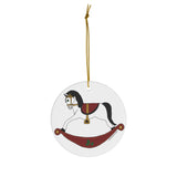White and Red Rocking Horse Round Ceramic Ornament