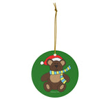 Holiday Bear with Santa Hat Round Ceramic Ornament