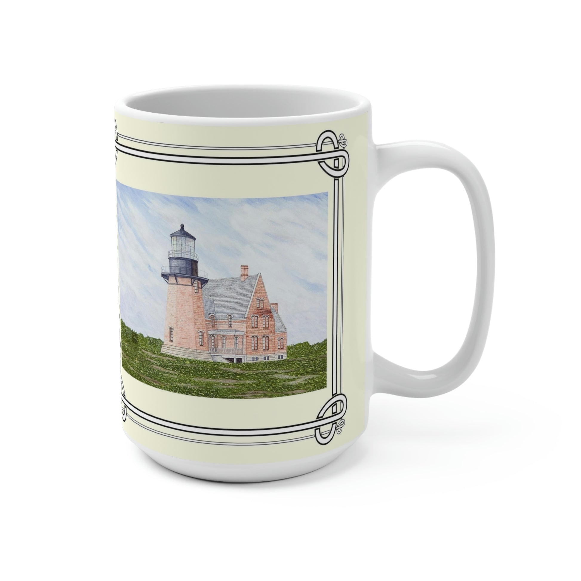 Southeast Light is located atop Mohegan Bluffs on Block Island, Rhode Island. The island is surrounded by submerged rocks and sandy shoals. Built in 1875, the octagonal tower is 67 feet tall. In 1993 the lighthouse was moved 300 feet inland to protect it from erosion.  The mug design is a reproduction of an original watercolor by Lee M. Buchanan and has the image on the front and back of the mug.