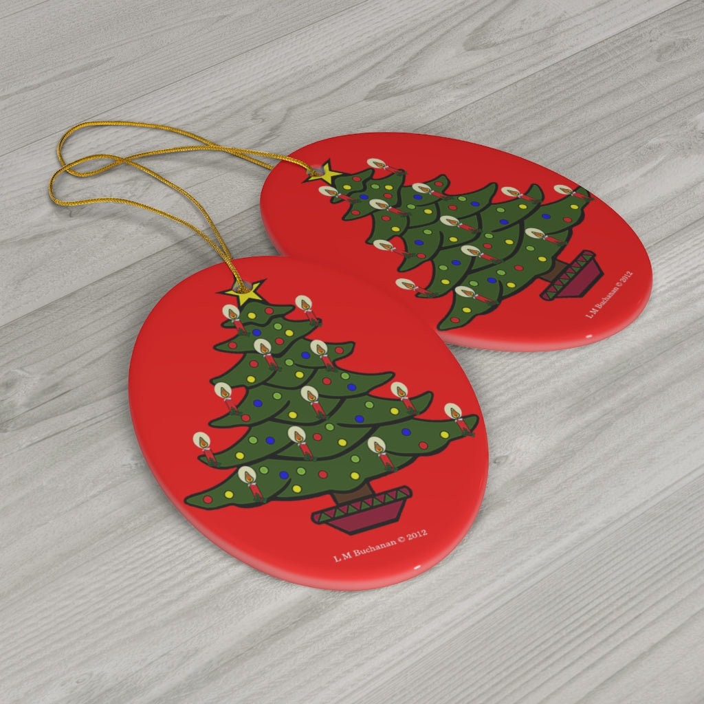 Merry Christmas Tree Oval Ceramic Ornament