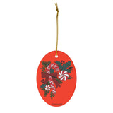 Candy Cane Trio with Holly Oval Ceramic Ornament
