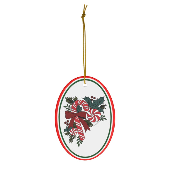 Candy Cane Favorites with Holly Oval Ceramic Ornament