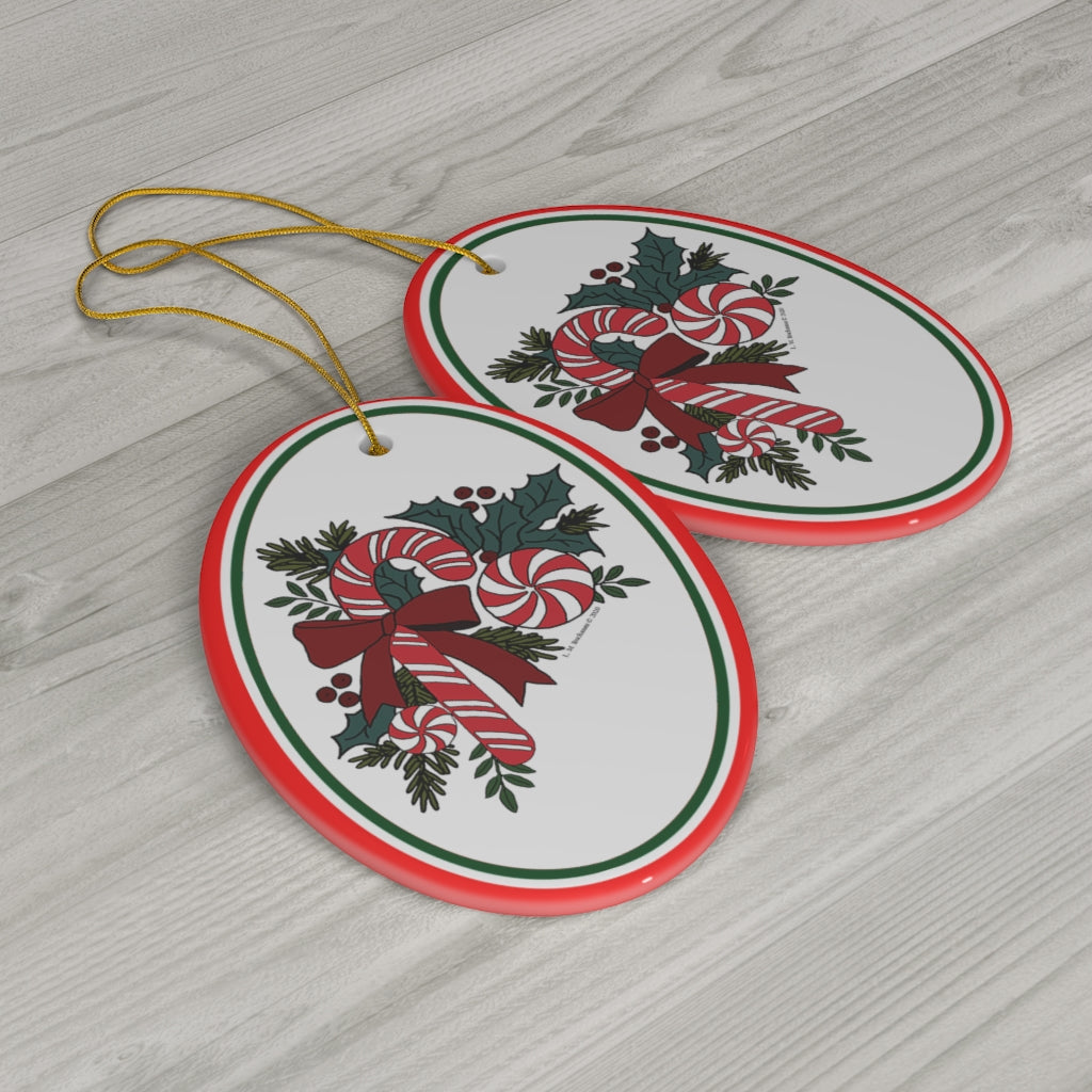 Candy Cane Favorites with Holly Oval Ceramic Ornament