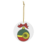 Red, Green and Gold Starbright Round Ceramic Ornament