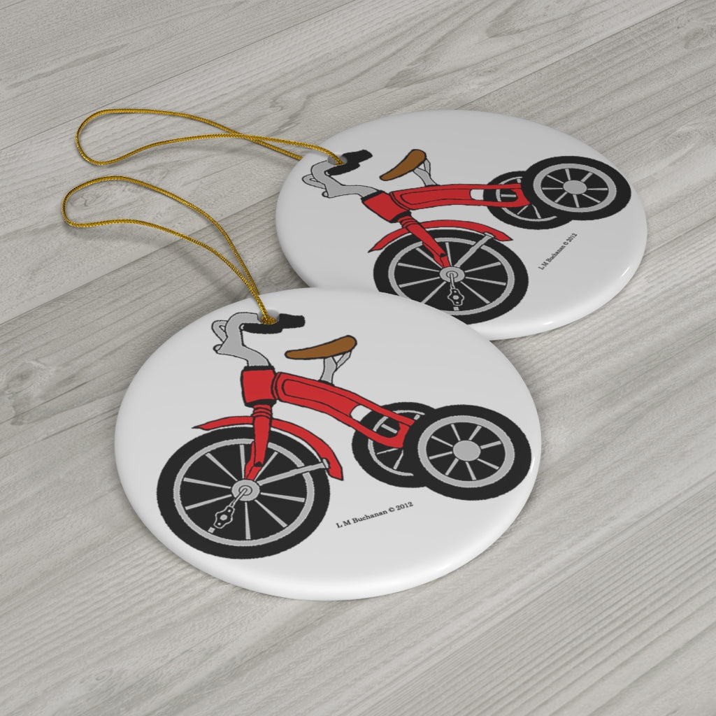 Red Tricycle Round Ceramic Ornament