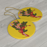 Candy Canes and Holly Round Ceramic Ornament