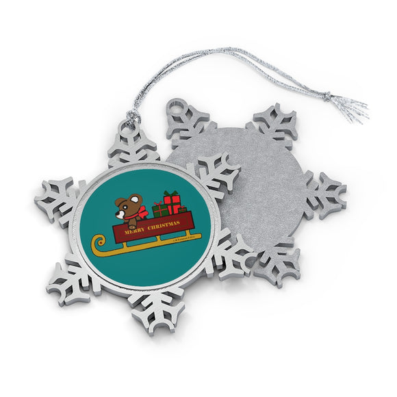 Merry Christmas Sleigh Pewter Snowflake Ornament