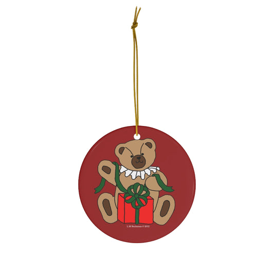 Holiday Bear with Gift Round Ceramic Ornament