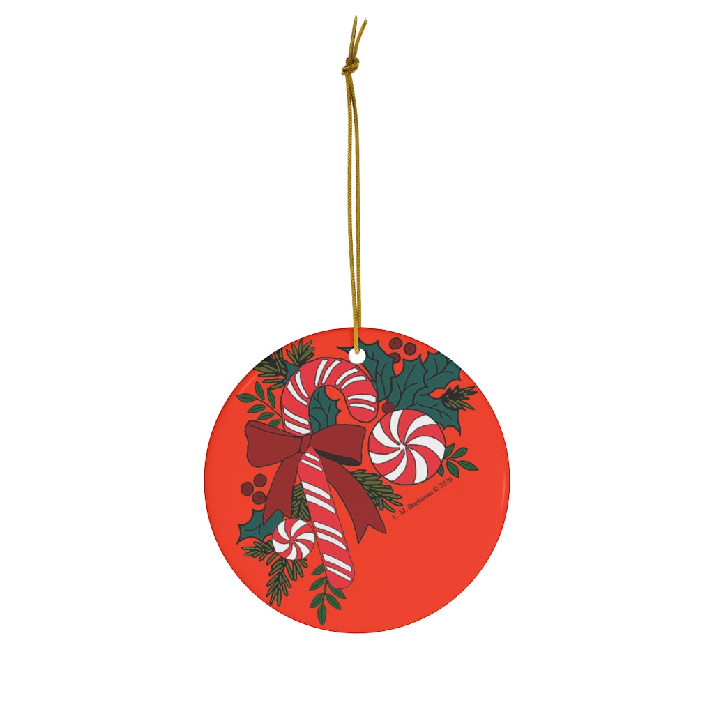 Candy Cane Trio with Holly Round Ceramic Ornament