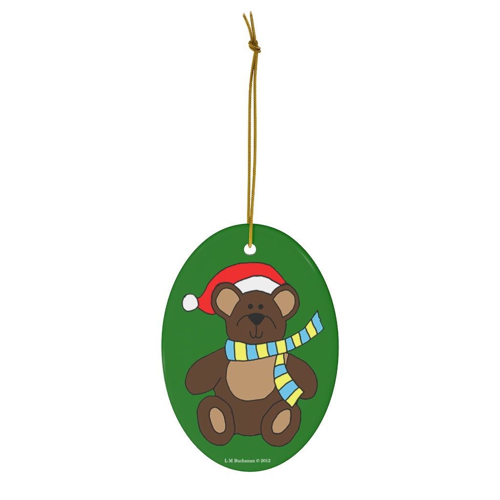 Holiday Bear with Santa Hat Oval Ceramic Ornament