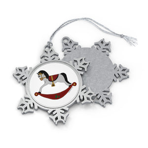 Grey and Red Rocking Horse Pewter Snowflake Ornament