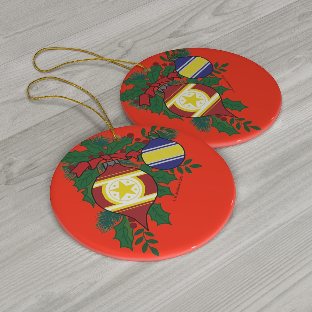 Christmas Balls with Holly Round Ceramic Ornament